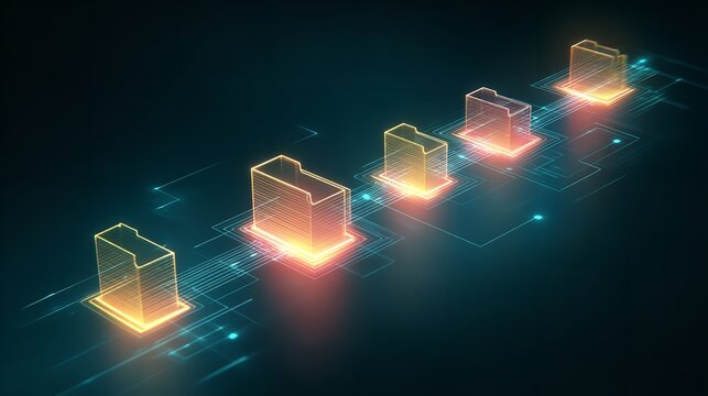 Abstract illustration of data storage buildings utilizing glowing digital lines.