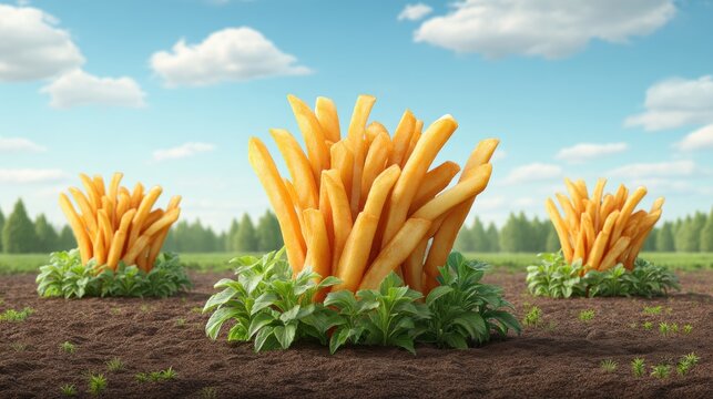 Rows of giant french fries growing from green plants in cultivated farmland