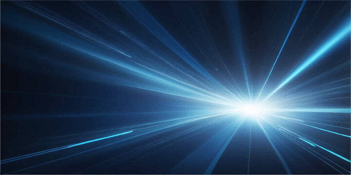 Bright glowing abstract blue background with explosive light rays, laser flares, and a high-speed energy burst designed for a technology cosmos illustration