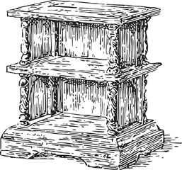Fototapeta premium Antique wooden nightstand with two shelves and ornate carved pillars vintage furniture illustration