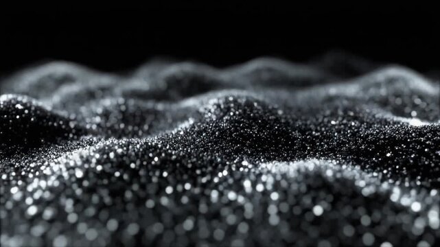 Metallic powder vibrating, forming wave patterns from unseen force, dark background, high contrast lighting, macro detail, physics simulation