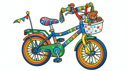 Fototapeta premium ​Colorful Kids Bicycle with Star Patterns and Accessories - Children's Bike with Teddy Bear in Basket, Streamers, and Safety Flags, Playful Vector Illustration 