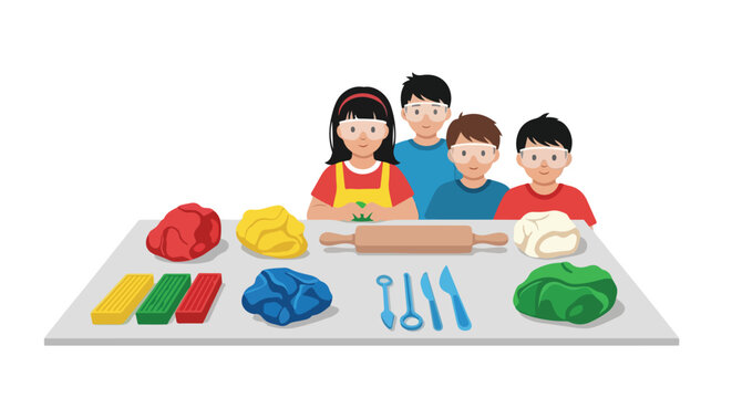 Four children wearing safety goggles stand behind a table covered with colorful modeling clay and various sculpting tools for a creative project.