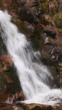 Mountain waterfall in a wild forest in early spring.	
