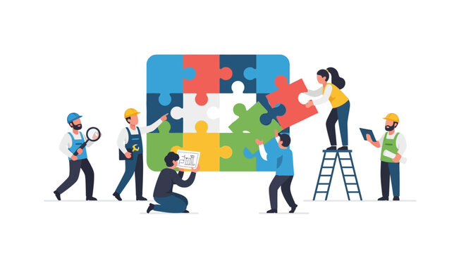 A diverse and dedicated team collaborates seamlessly to assemble a complex puzzle, symbolizing successful project completion and unified strategy