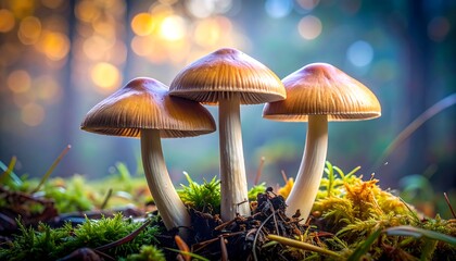 Fototapeta premium Three brown mushrooms grow in a mossy forest with blurred bokeh background