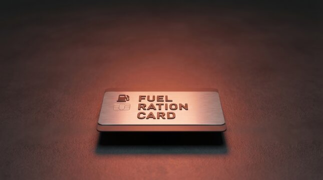 Metal card resting on a table representing a fuel ration card essential for managing fuel resources in daily life
