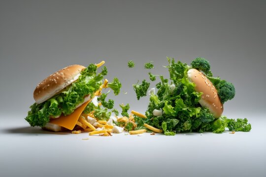 Concept of Time Freeze Showing Decomposing Food with Burgers and Vegetables Splitting Apart