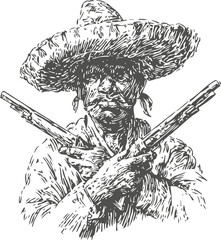 Obraz premium Vintage mexican outlaw with crossed pistols and traditional sombrero, detailed sketch illustration