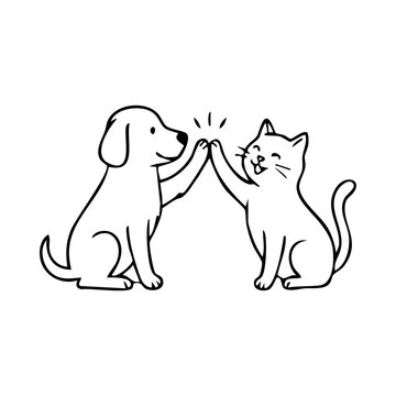 Friendly dog and cat giving high five, showing friendship and affection