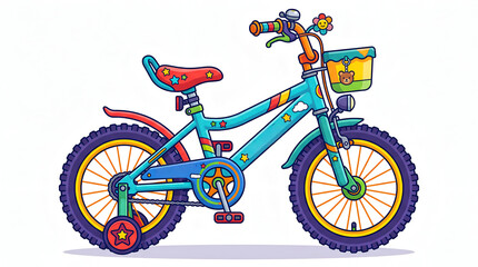 Fototapeta premium Colorful Kids Bicycle with Teddy Bear Basket Cartoon Illustration, Cute Child Bike Design Isolated on White Background