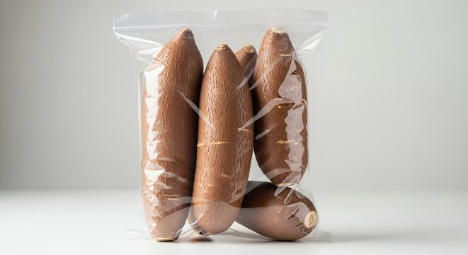 Fresh yuca roots in sealed plastic bag against a white background