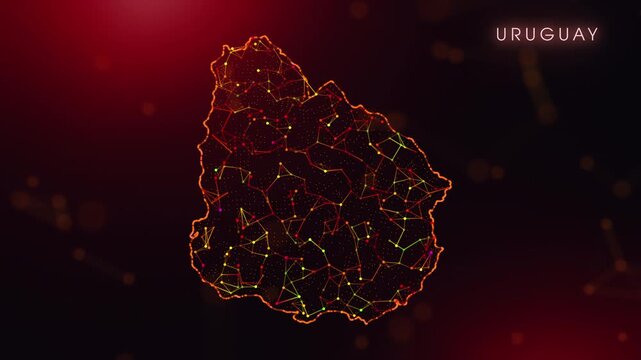 A dynamic motion video showcasing the Uruguay country border through a colorful plexus reveal. Glowing red and orange dots represent high-tech data communication and global digital networks.