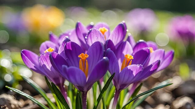 Macro shot of a cluster of purple crocus flowers with bright orange pistils and morning dew droplets on petals blooming in a sunny spring garden with soft bokeh background.