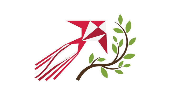 Stylized red crane bird with green branch emblem.