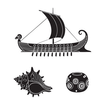 Ancient Phoenician Icons Bireme Ship Murex Shell Glass Bead Silhouette Vector