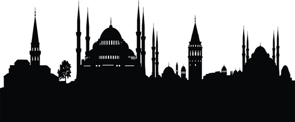 Fototapeta premium Istanbul skyline silhouette with Blue Mosque, Galata Tower, and Hagia Sophia landmarks, Turkey city panorama, historical architecture, isolated on white, vector.