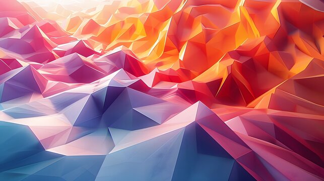 Low poly stylized mountain landscape with vibrant sunset colors and geometric topographic peaks.