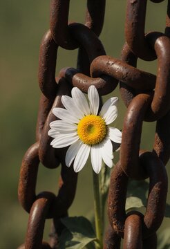 A white daisy through a heavy rusty chain, concept of hope and resilience