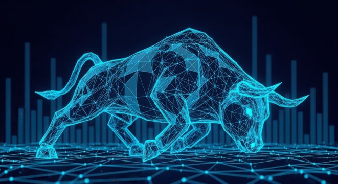 Glowing blue bull in front of a graph illustration