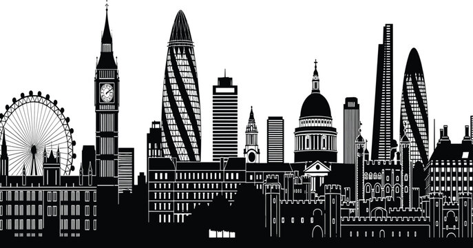 London England city skyline silhouette vector illustration featuring Big Ben London Eye and Tower Bridge for travel and tourism design
