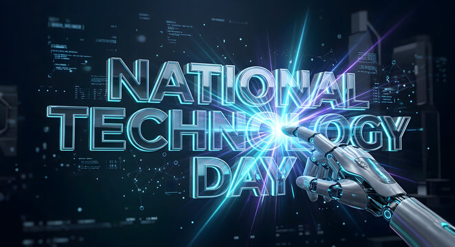 National Technology Day, robotic hand touch 3d typography with innovative concept on background