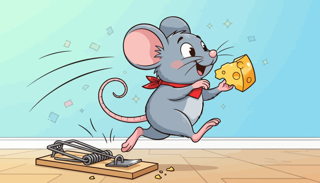 Cartoon illustration of a happy mouse with a slice of cheese running away from a trap