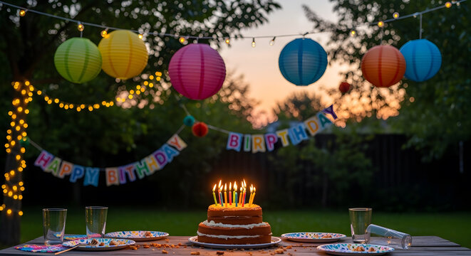 A festive outdoor scene featuring a lit birthday cake on a table under colorful paper lanterns and string lights