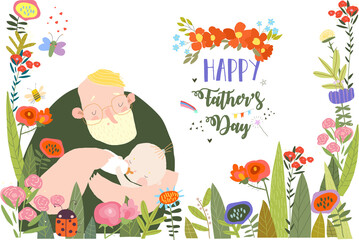 Fototapeta premium Vector Cute Floral Frame Composed with Cartoon Father feeding Baby from Bottle