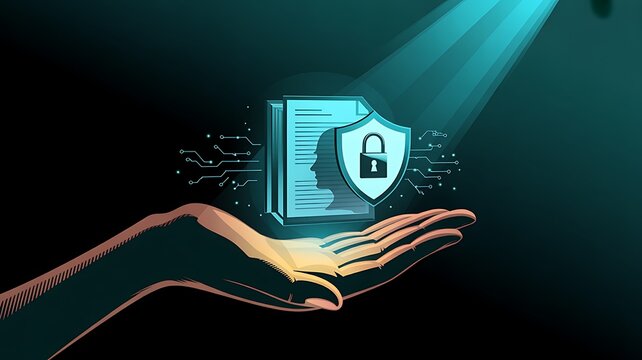  person holding protected data security concept with lock and shield.