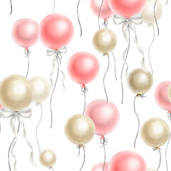 Watercolor seamless pattern of pink, beige and gold colored cartoon balloons for a girl's birthday, gifts, postcards, textiles, packaging and wrapping paper. Handmade watercolor illustration © Alesia