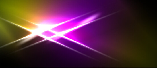 Fototapeta premium Bright abstract light streaks radiate from center. Vivid purple, yellow hues dominate dark background. Energy flows dynamically.