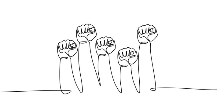 Raised fists solidarity protest concept. continuous one line drawing abstract symbol