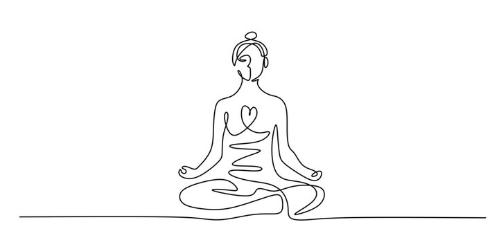 Meditation lotus pose with heart concept. Continuous one line drawing of yoga and peace symbol.