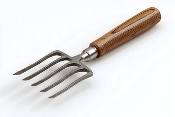 Naklejka premium Close-up of a garden fork with a wooden handle on a white background