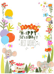 Fototapeta premium Floral Frame with Cute Funny Mouse celebrating Birthday. Vector Illustration