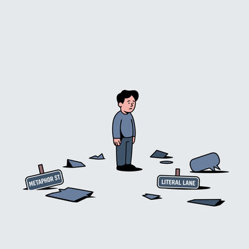 Confused man standing between metaphor st and literal lane with scattered papers