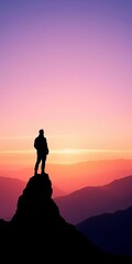 Fototapeta premium Silhouette of a lone figure standing tall on a mountaintop, representing achievement and overcoming challenges, lone, overcoming