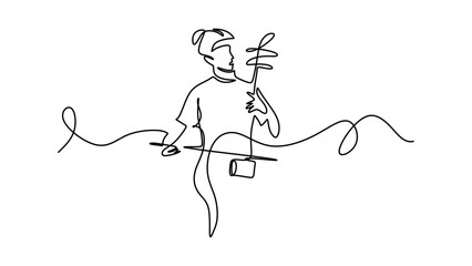 Fototapeta premium Musician playing traditional asian instrument with abstract sound waves single line art. Minimalist music rhythm concept.