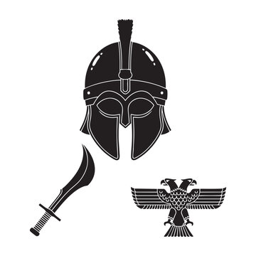 Ancient Hittite Warrior Icons Helmet Khepesh Sword Double Eagle Silhouette Vector