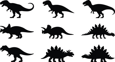 Clean vector illustration of dinosaur silhouettes collection including T-Rex stegosaurus and triceratops in dynamic pose grid © Master