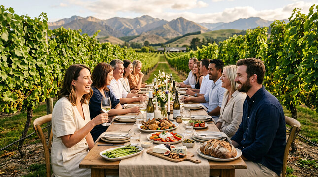 Friends enjoying a long table vineyard dinner with wine and shared food at golden hour