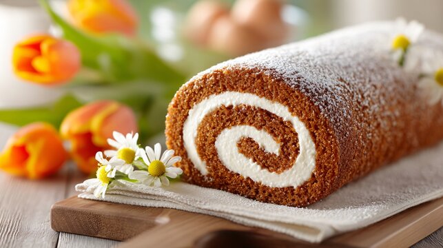 A carrot cake roll filled generously with cream cheese frosting and sliced to reveal a perfectly defined spiral interior, dusted with powdered sugar and styled on linen with tulips nearby