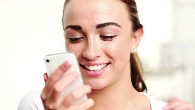 Selfie, smile or woman in house with chat, digital memory or conversation on dating site. Happy, post or person in home with moment capture, online text or profile update on matchmaking platform.