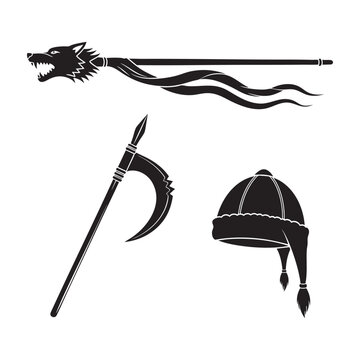 Ancient Dacian Warrior Icons Draco Standard Falx Dacian Cap Silhouette Vector