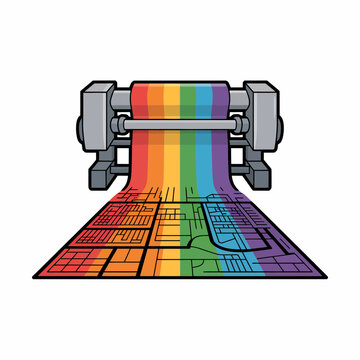 Colorful plotter machine printing vibrant rainbow circuit board design on large sheet of paper