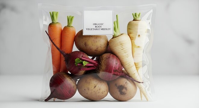Organic root vegetable medley in clear packaging for culinary and healthy eating