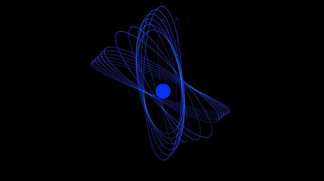Blue geometric orbit lines with central sphere, abstract futuristic atomic structure background