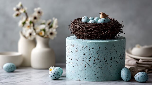 A pastel robin&rsquo;s egg speckled cake covered in light blue buttercream with chocolate speckles and topped with a decorative chocolate nest centerpiece, styled on a marble table with tulips