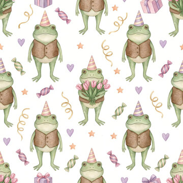 Watercolor Seamless Pattern of Cute Frogs in Party Hats and Vests